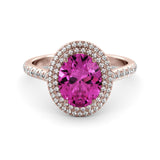 Double Halo pink topaz-diamond ring