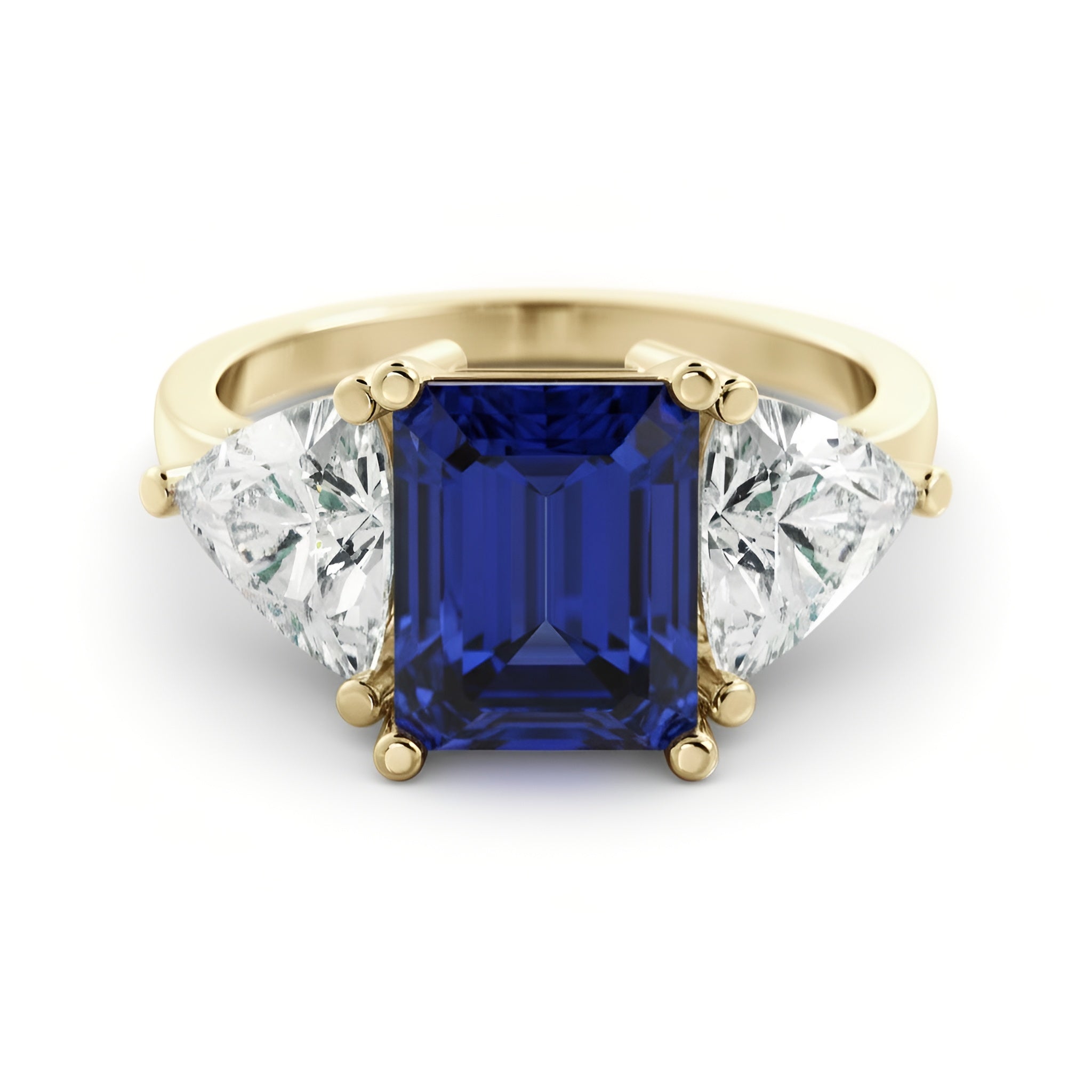 A gold ring with a large blue gemstone in the center, flanked by two smaller diamonds on either side.
